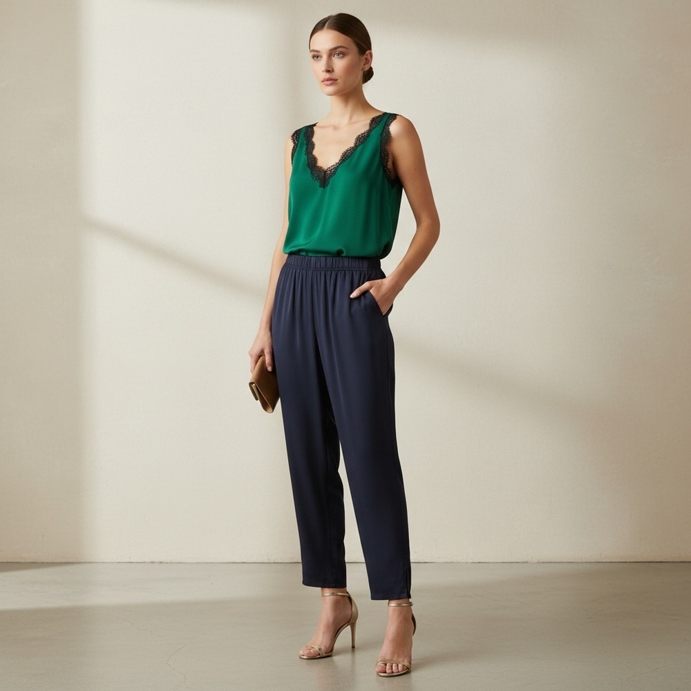 St. John Viola Navy Technical Crepe High Rise Relaxed Fit Tapered Ankle Pant S
